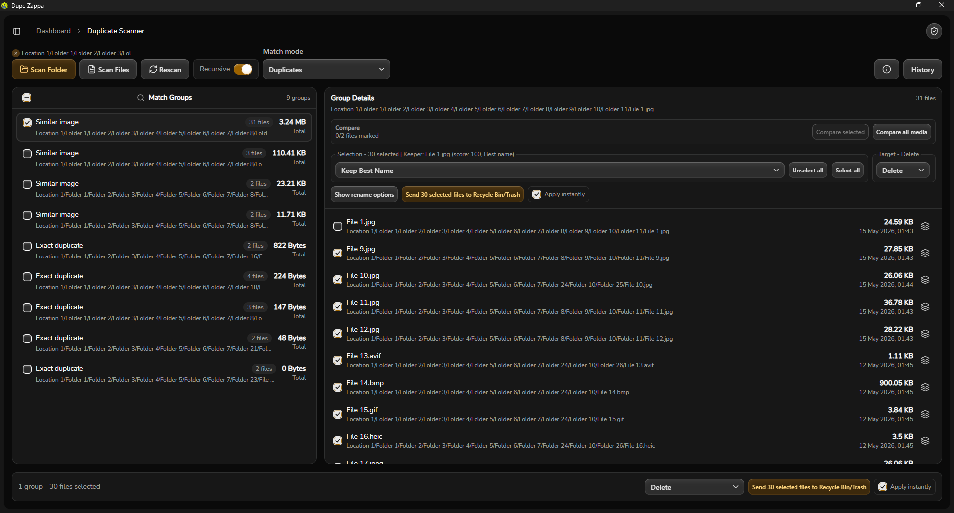 DupeZappa duplicate scanner match groups