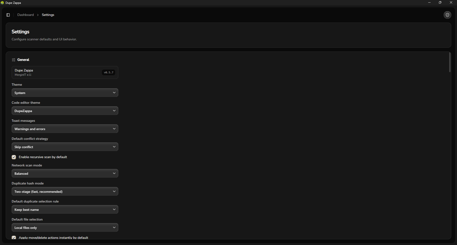 Dupe Zappa Settings and configuration panel